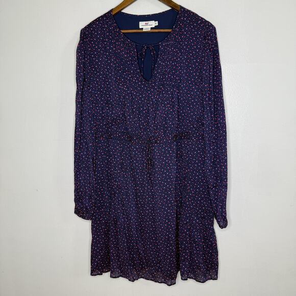 Vineyard Vines Dress Womens XL Navy Star Print Long Sleeve Lined Tie Neck Boho - Picture 1 of 6